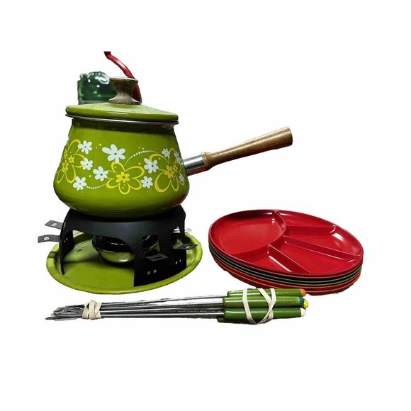 Vintage Imperial Fondue Pot Green Enamel W/ Flowers 1970's MCM Classic 6 Plates - Picture 2 of 2